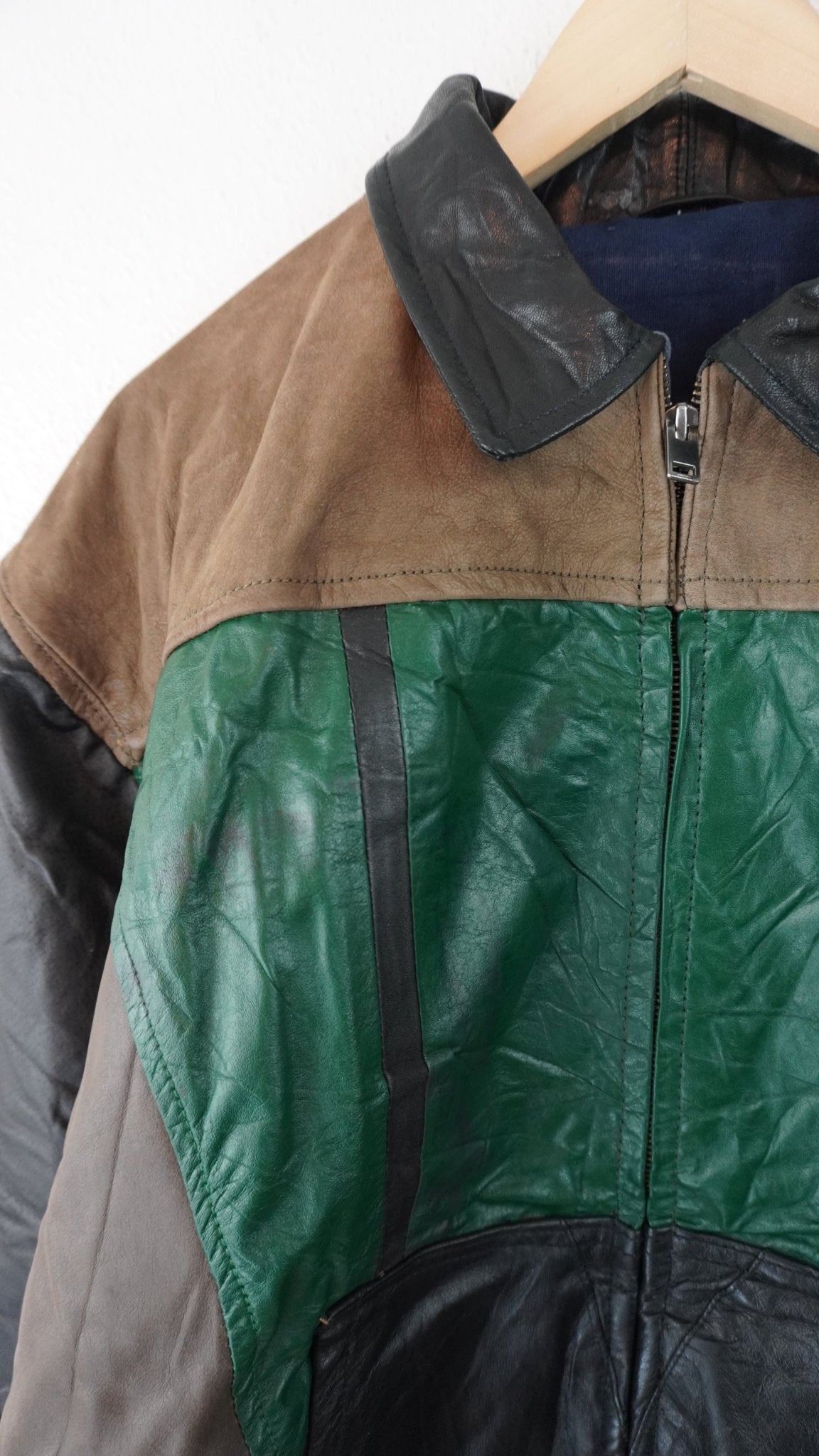 Leather Jacket Size L Green Tan Black - The Hellebore Shop