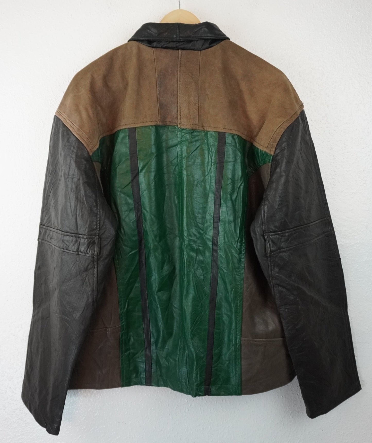 Leather Jacket Size L Green Tan Black - The Hellebore Shop