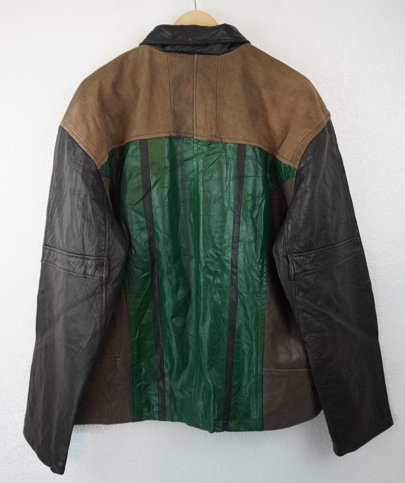 Leather Jacket Size L Green Tan Black - The Hellebore Shop