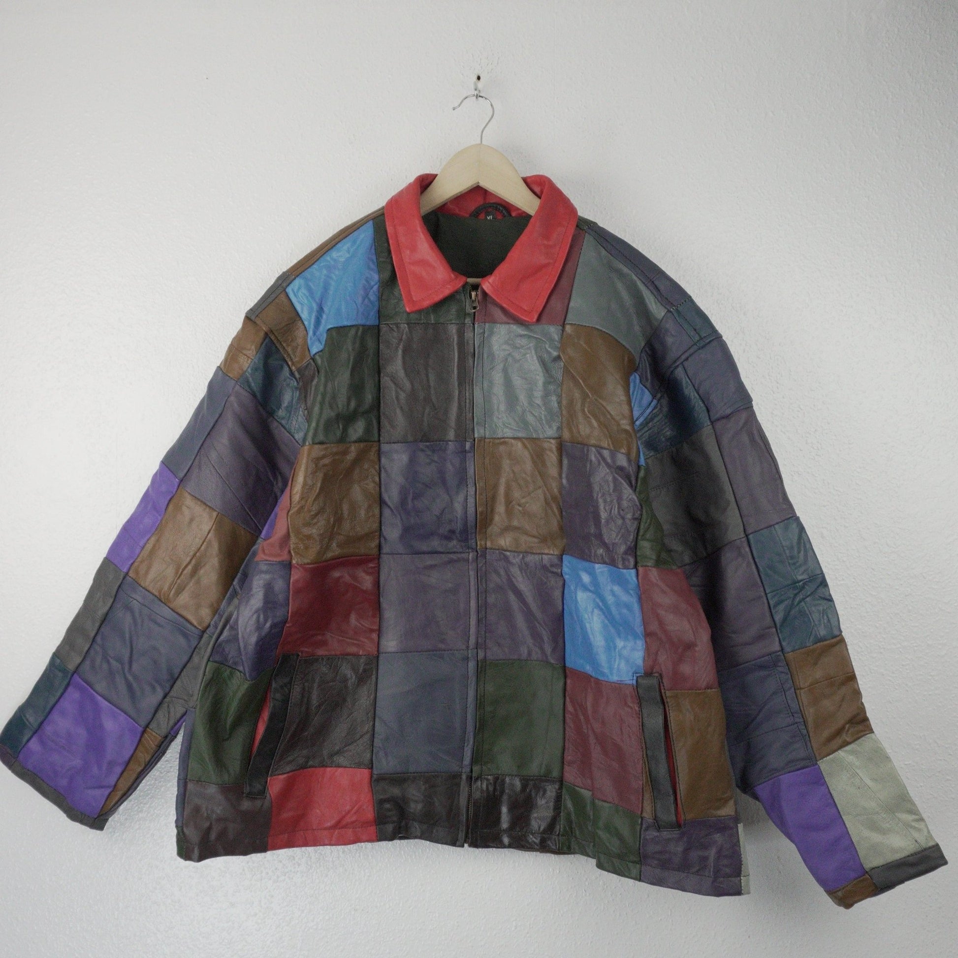 Leather Jacket Size XL Multicolor Patchwork - The Hellebore Shop