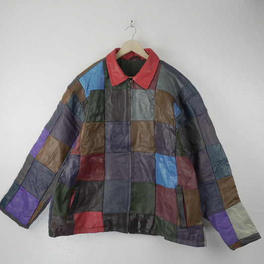 Leather Jacket Size XL Multicolor Patchwork - The Hellebore Shop