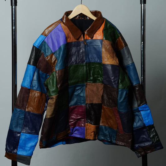 Leather Jacket Size XL Multicolor Patchwork - The Hellebore Shop