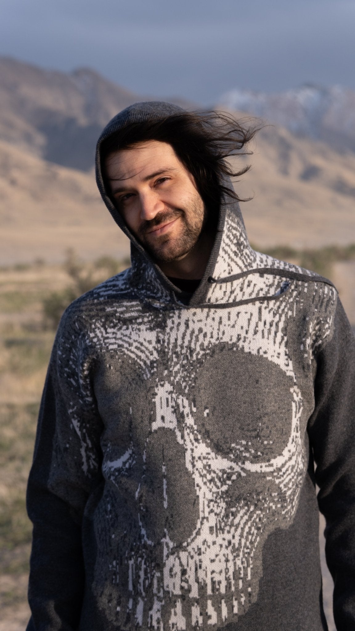 *PRE - ORDER* Extrafine Merino Wool Knit Skull Hoodie in Gray - The Hellebore Shop
