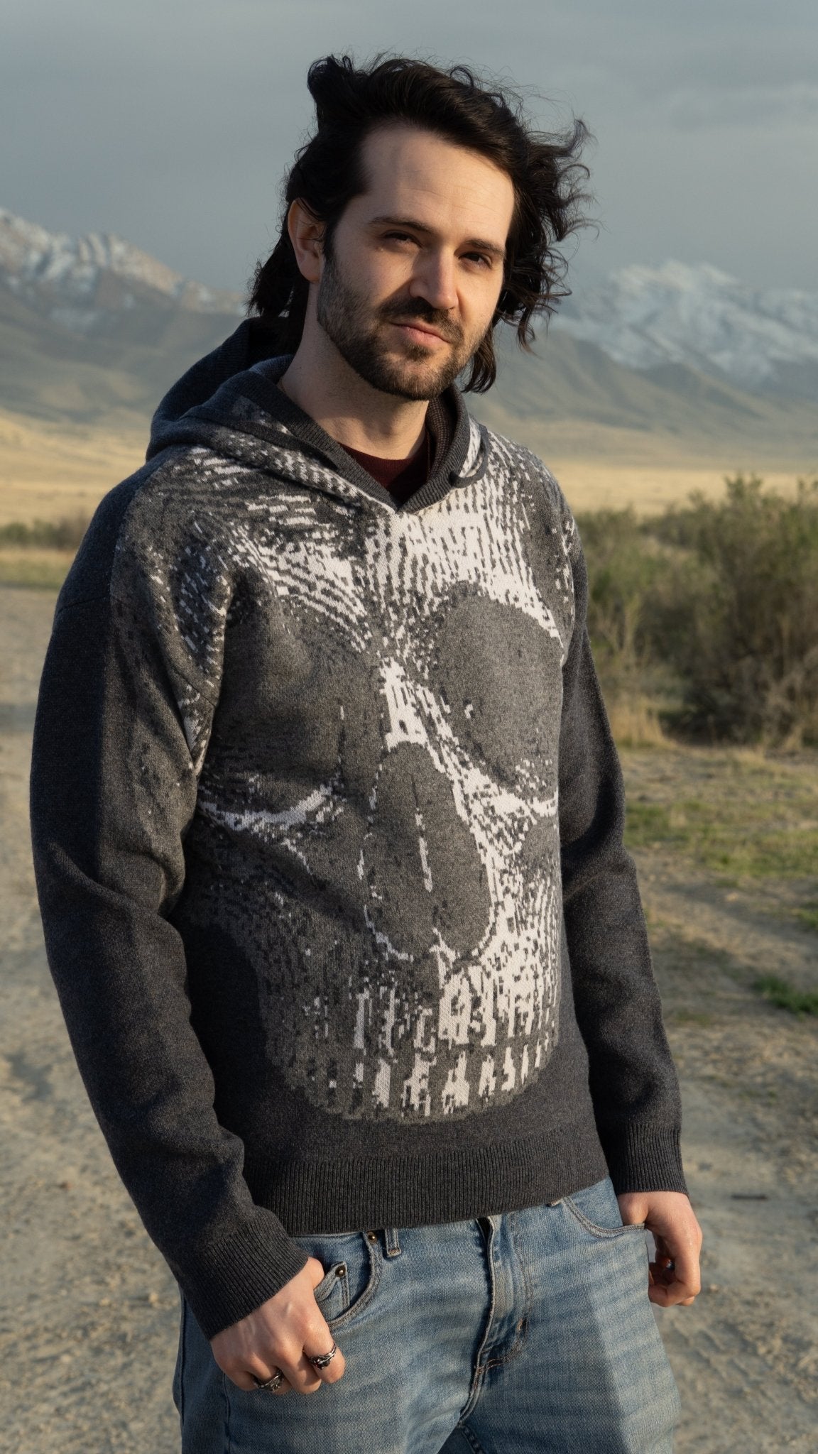 *PRE - ORDER* Extrafine Merino Wool Knit Skull Hoodie in Gray - The Hellebore Shop