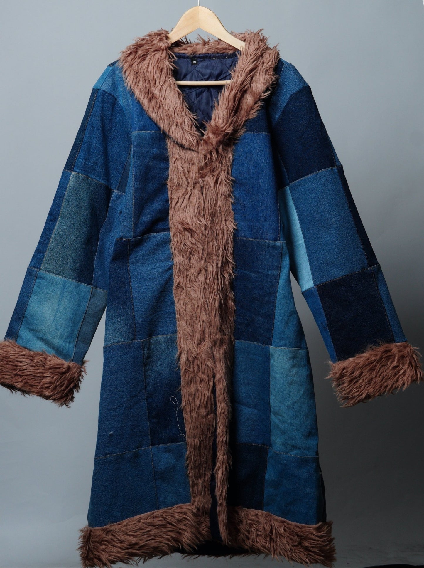 Upcycled Denim Patchwork Fur Penny Lane Coat - The Hellebore Shop