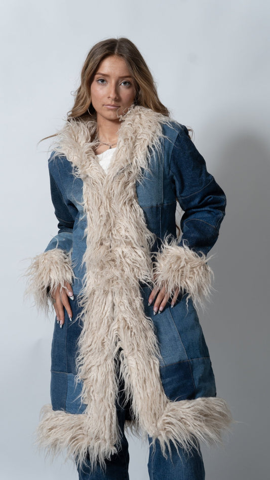 Upcycled Denim Patchwork Fur Penny Lane Coat - The Hellebore Shop