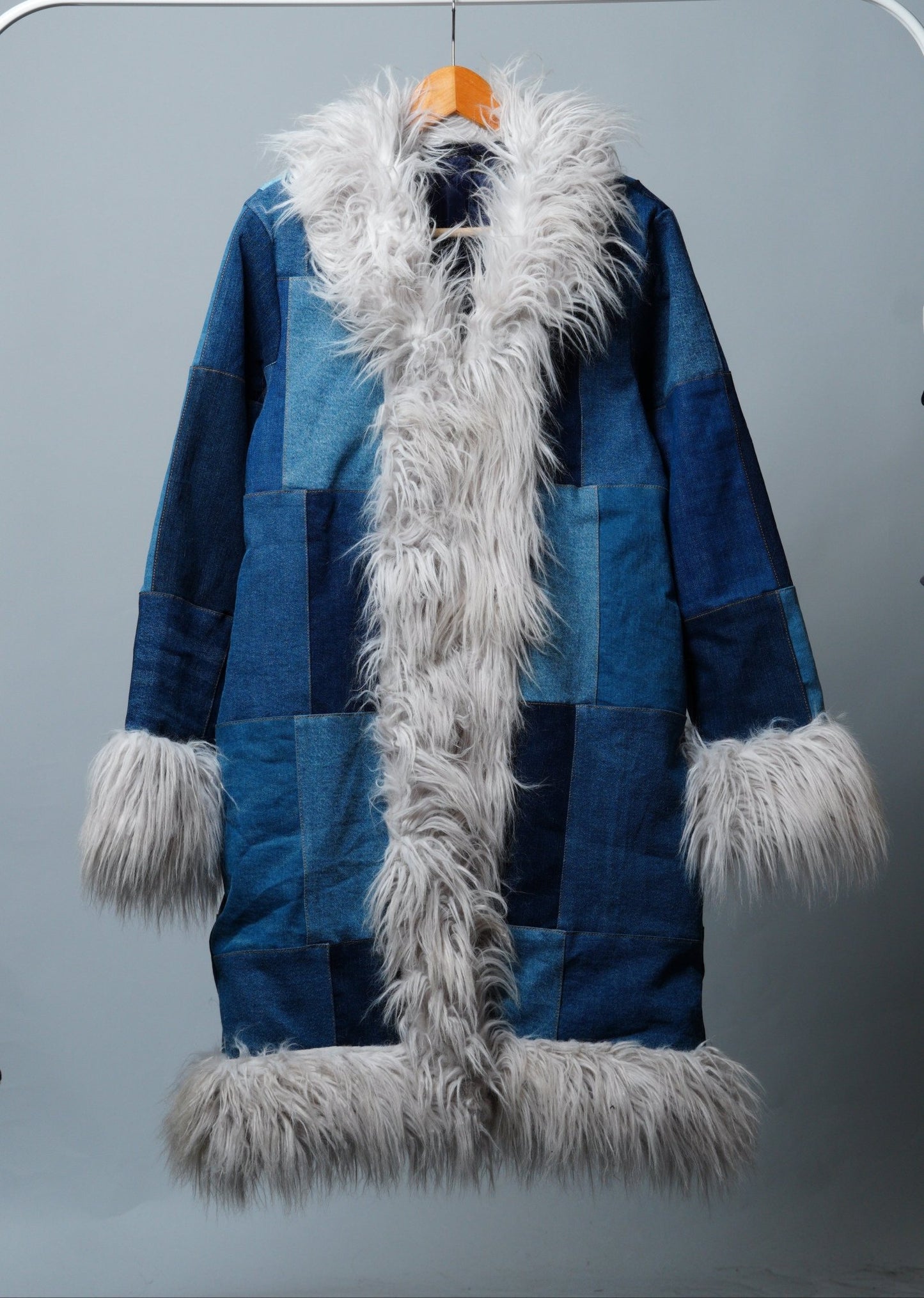 Upcycled Denim Patchwork Fur Penny Lane Coat - The Hellebore Shop