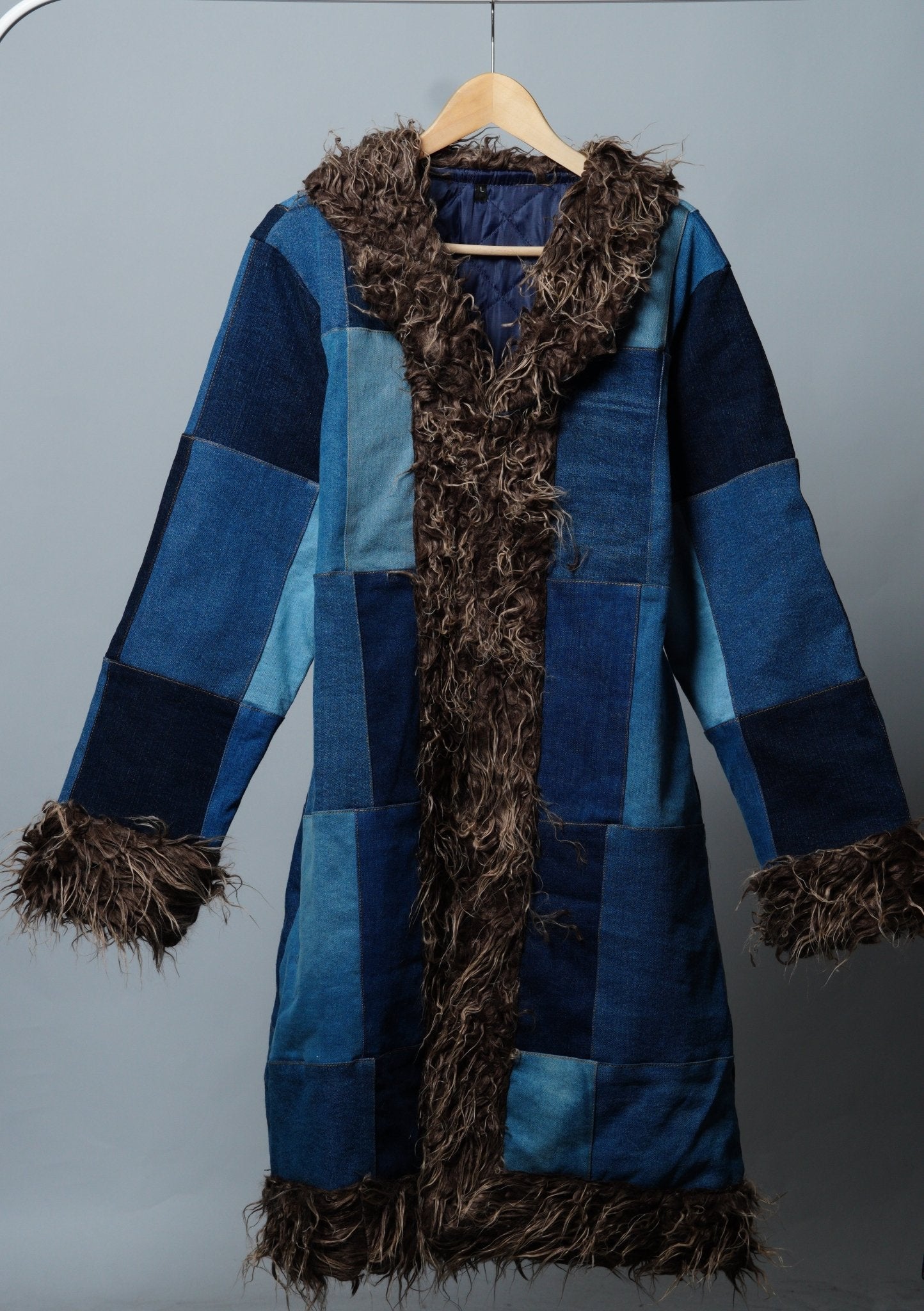 Upcycled Denim Patchwork Fur Penny Lane Coat - The Hellebore Shop