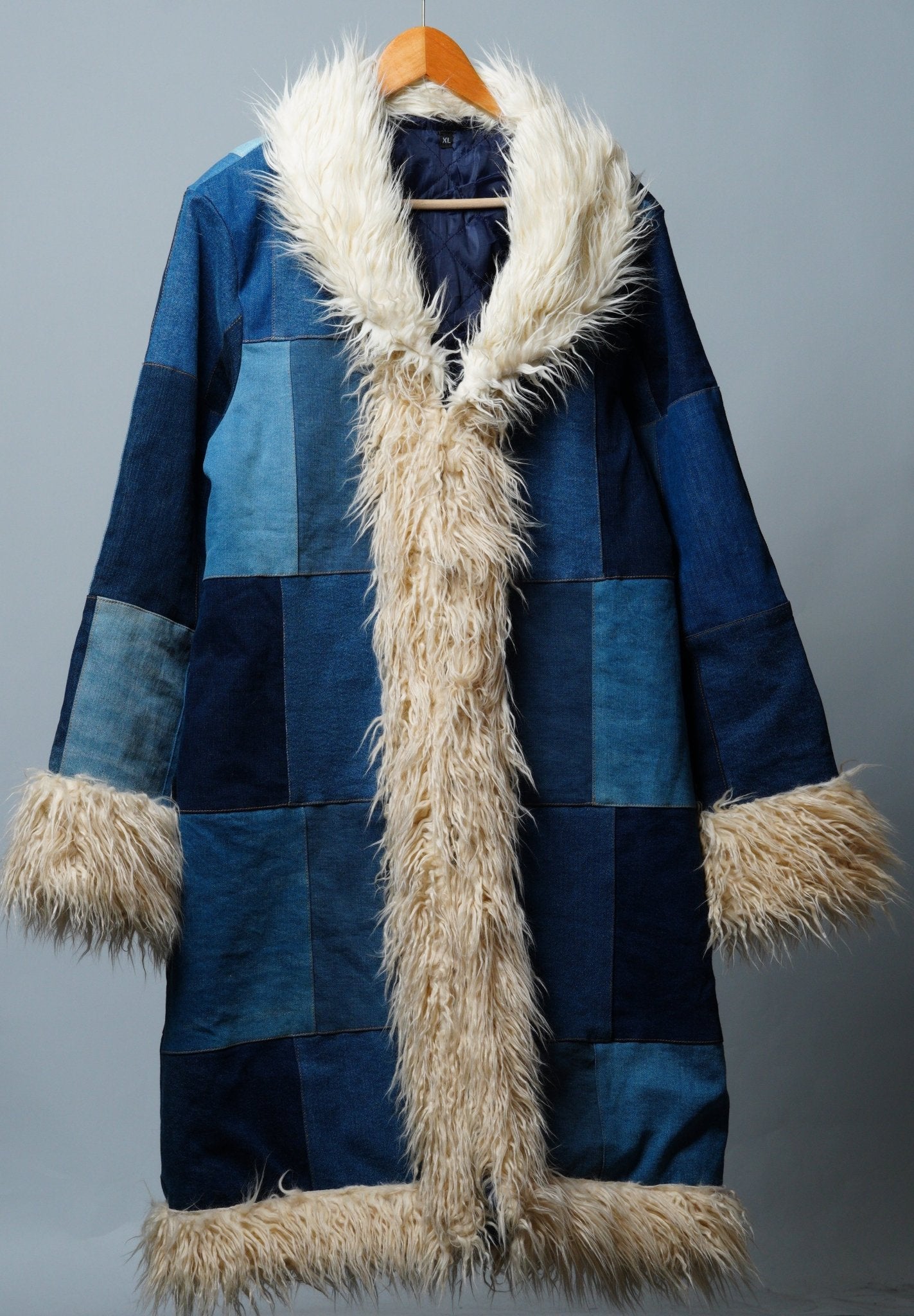 Upcycled Denim Patchwork Fur Penny Lane Coat - The Hellebore Shop