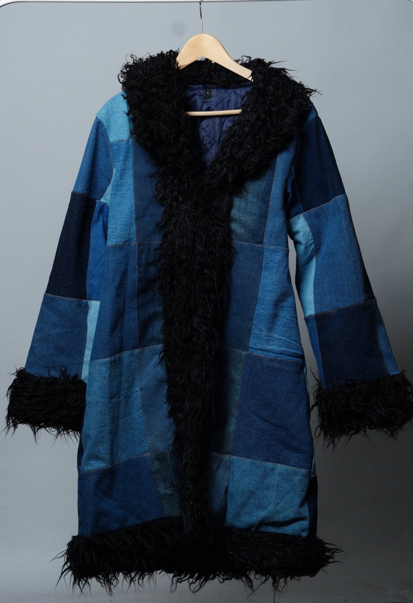 Upcycled Denim Patchwork Fur Penny Lane Coat - The Hellebore Shop