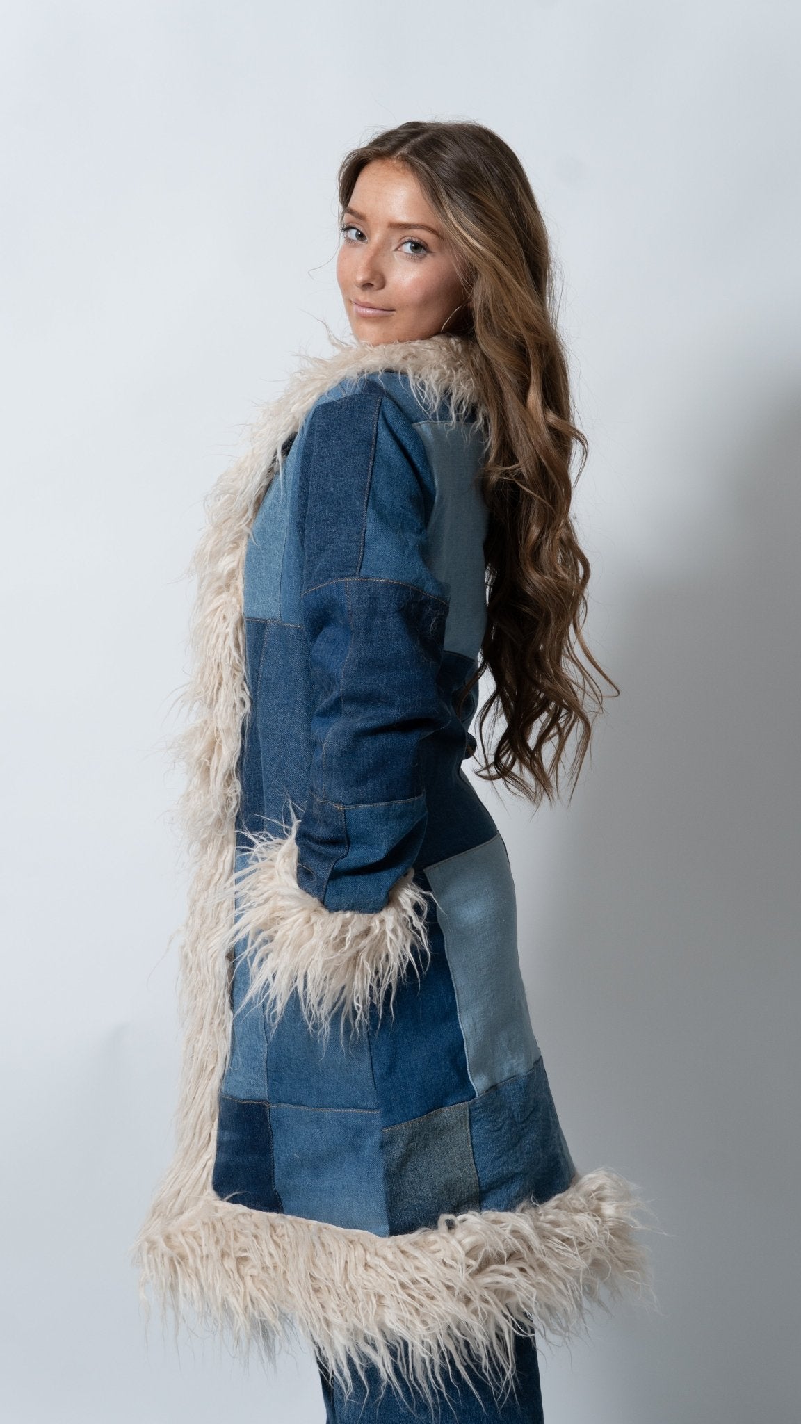 Upcycled Denim Patchwork Fur Penny Lane Coat - The Hellebore Shop