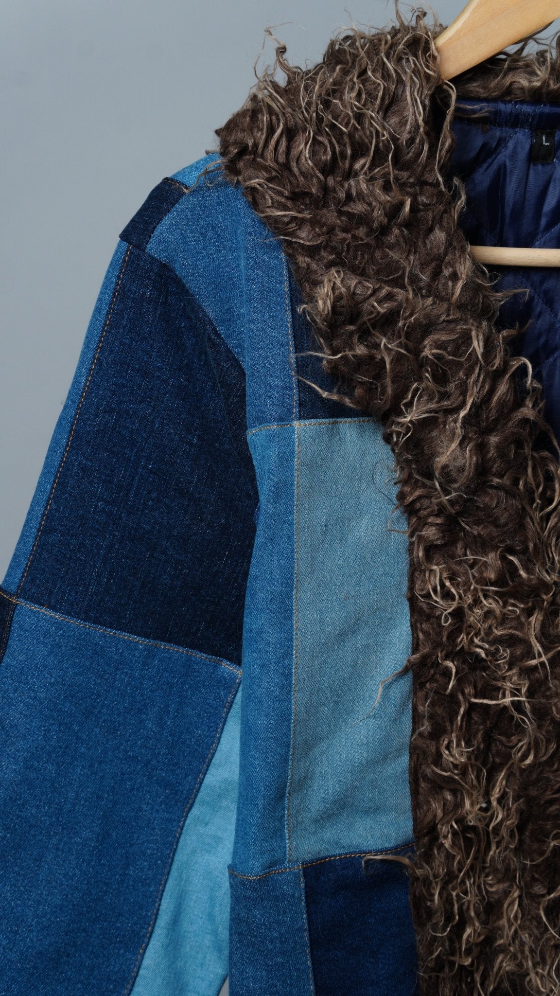 Upcycled Denim Patchwork Fur Penny Lane Coat - The Hellebore Shop