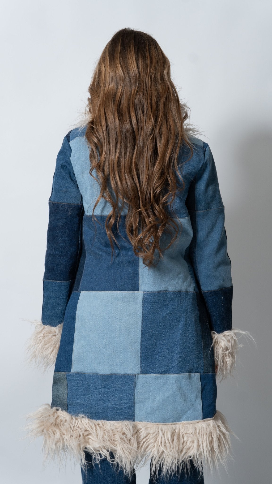 Upcycled Denim Patchwork Fur Penny Lane Coat - The Hellebore Shop