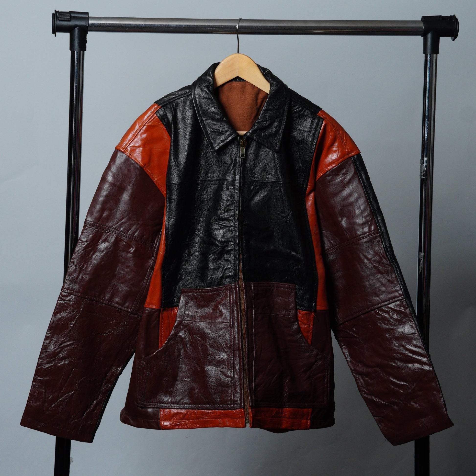 Upcycled Leather Colorblock Jacket Size L - The Hellebore Shop