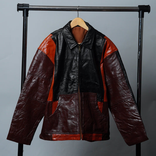 Upcycled Leather Colorblock Jacket Size L - The Hellebore Shop
