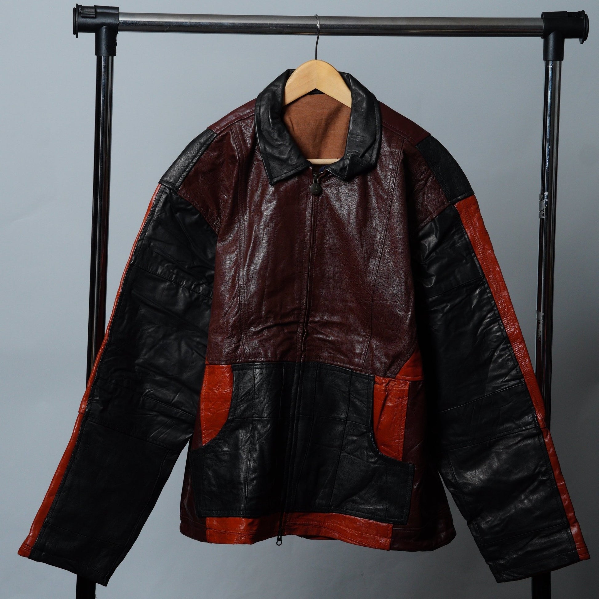 Upcycled Leather Colorblock Jacket Size XL - The Hellebore Shop