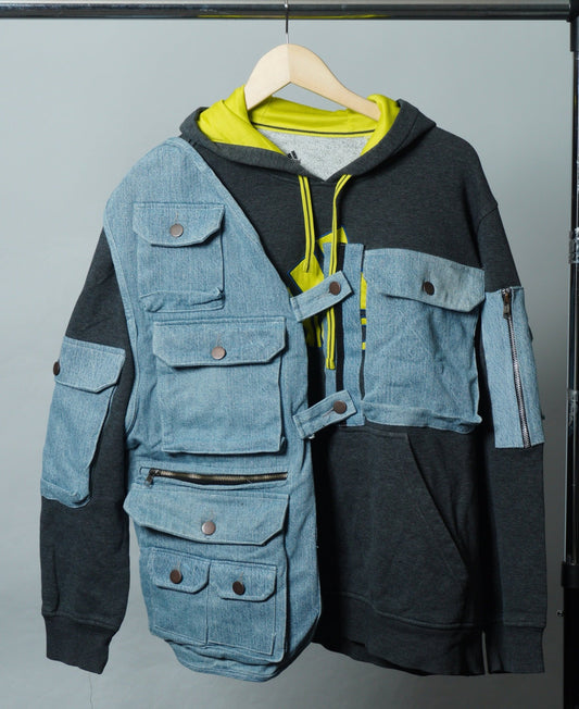 Upcycled Reworked Adidas Gray Blue Denim Cargo Pocket Vest Hoodie Size XL - The Hellebore Shop
