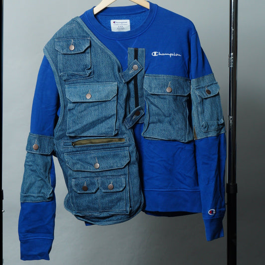 Upcycled Reworked Champion Blue Denim Cargo Pocket Vest Sweatshirt Size M - The Hellebore Shop