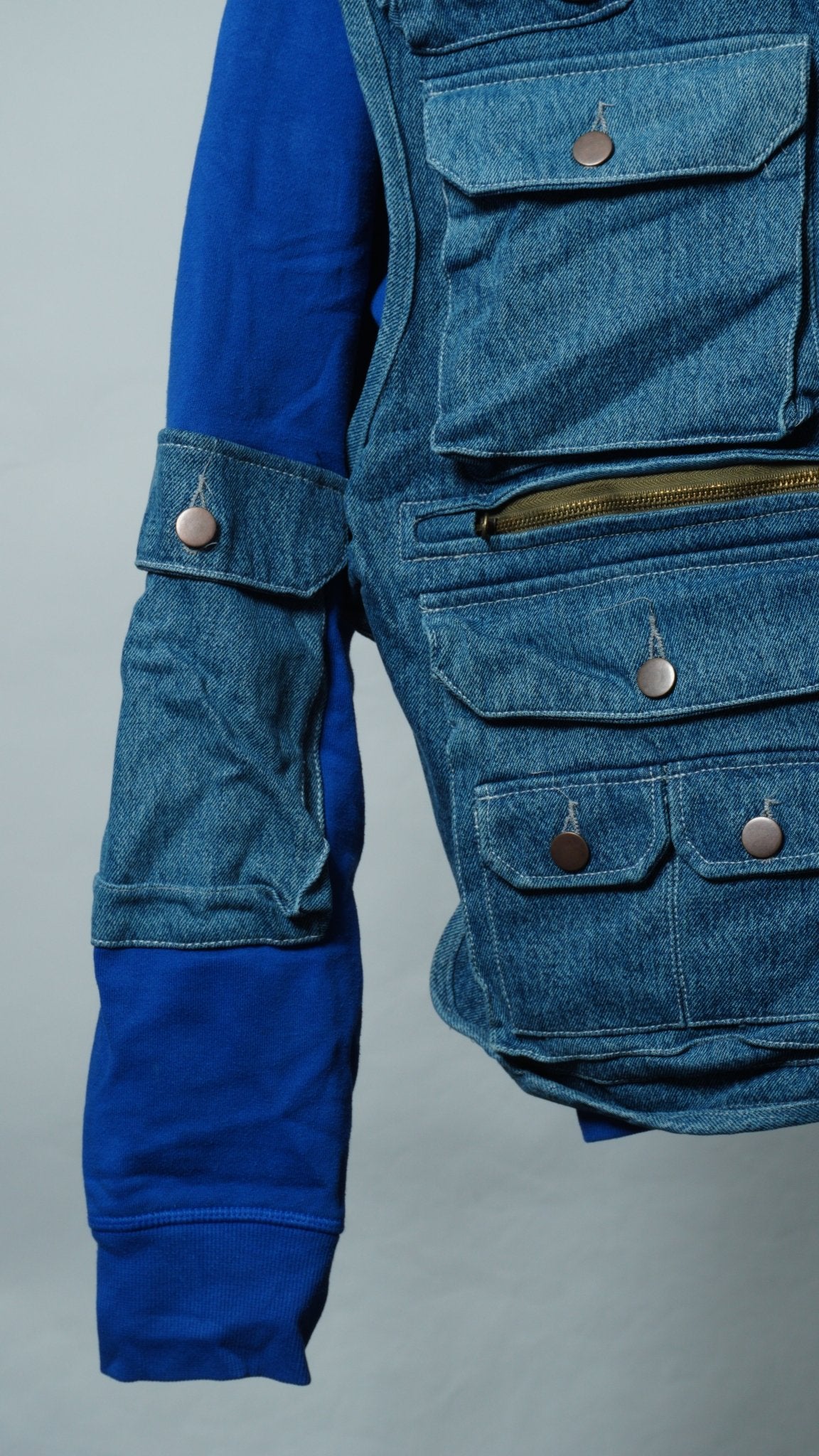 Upcycled Reworked Champion Blue Denim Cargo Pocket Vest Sweatshirt Size M - The Hellebore Shop