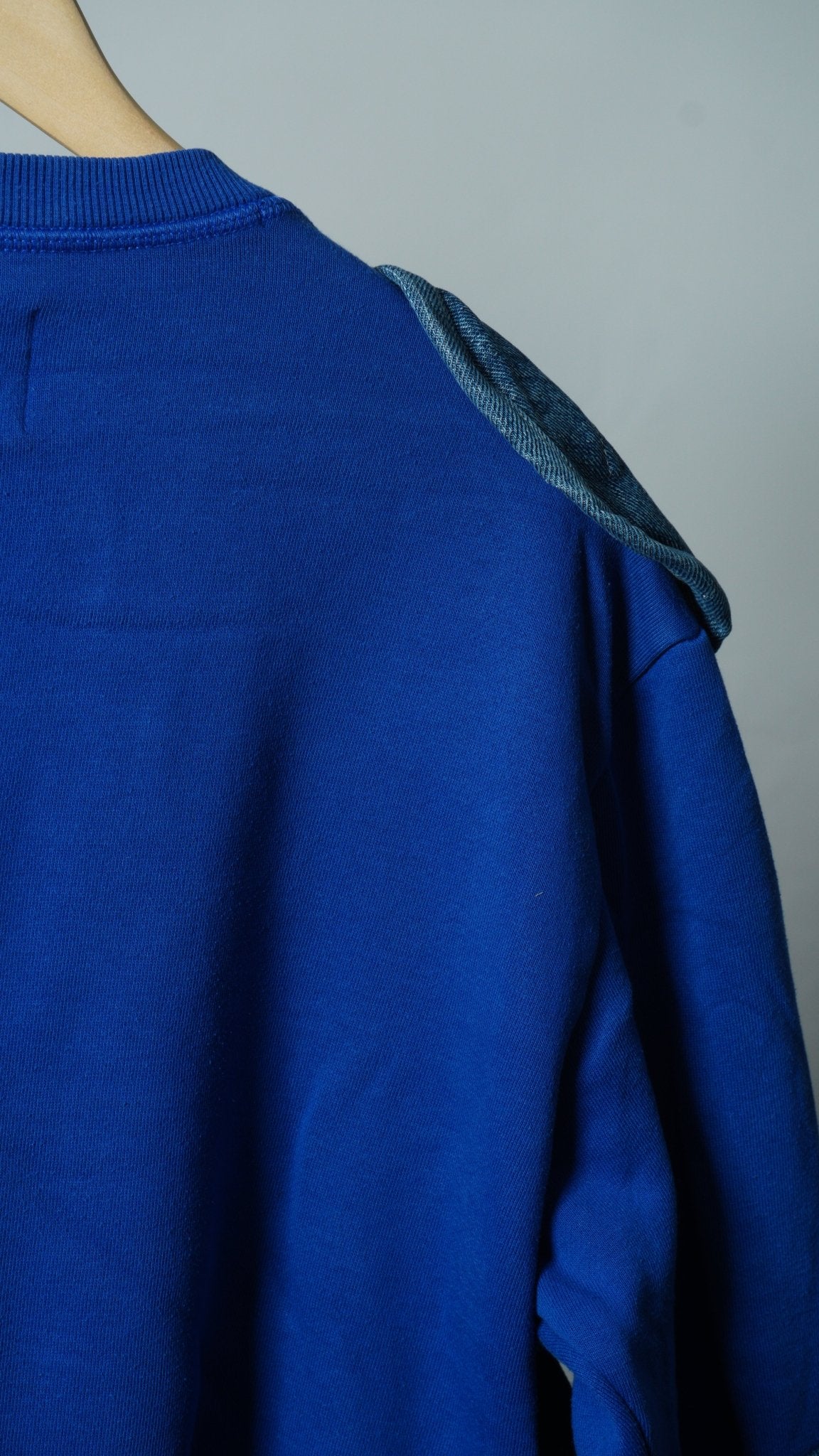 Upcycled Reworked Champion Blue Denim Cargo Pocket Vest Sweatshirt Size M - The Hellebore Shop