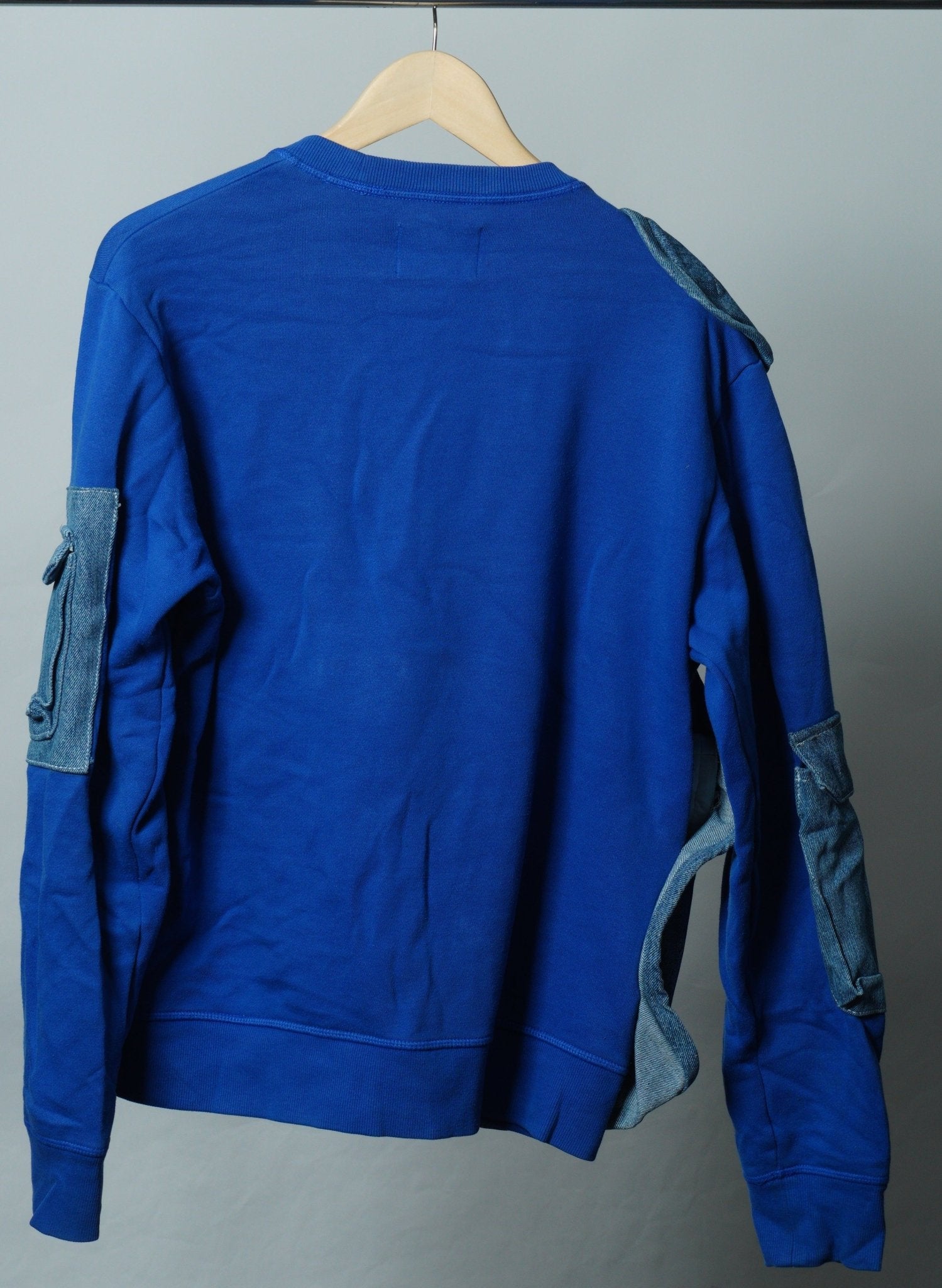Upcycled Reworked Champion Blue Denim Cargo Pocket Vest Sweatshirt Size M - The Hellebore Shop