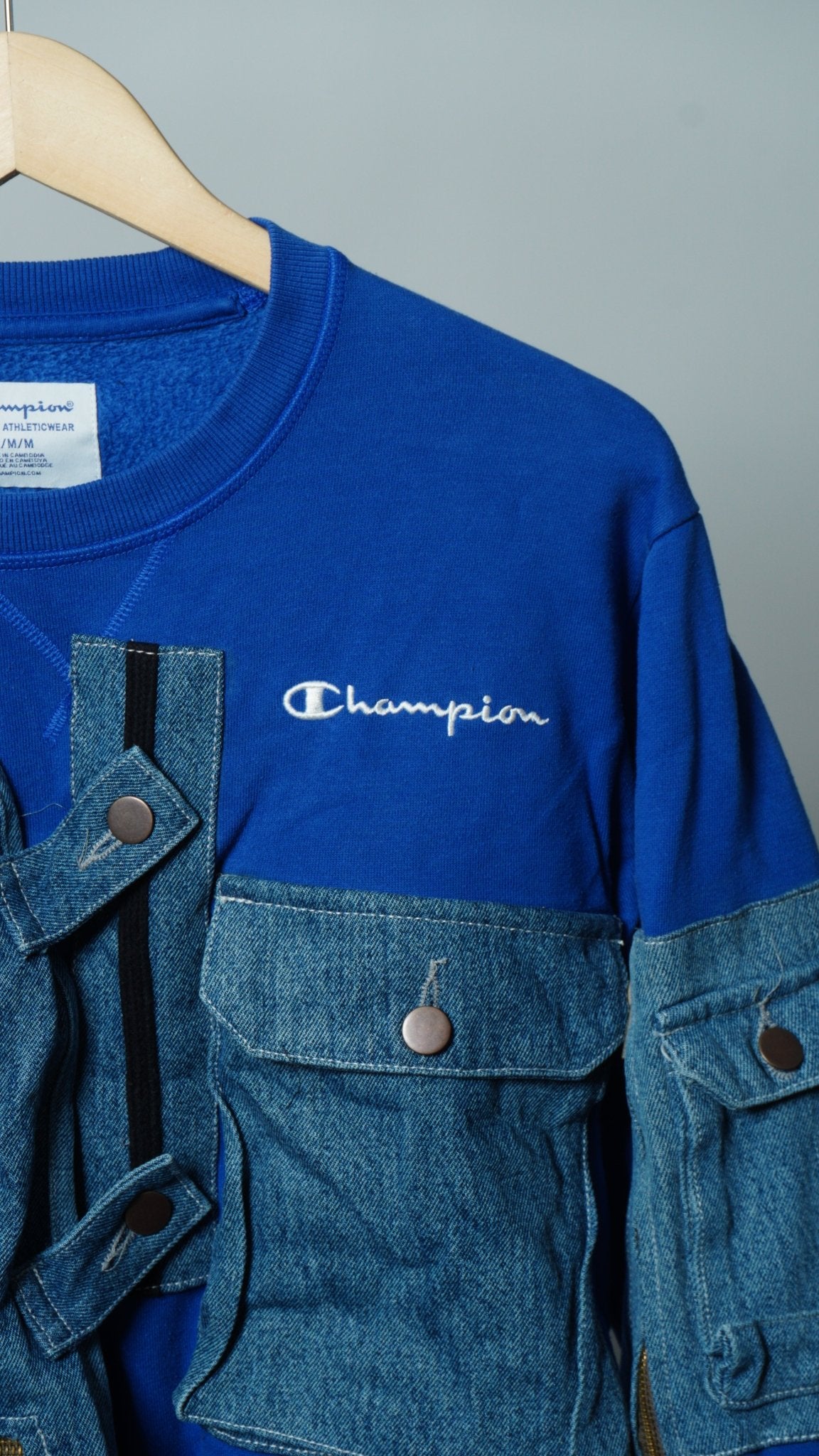Upcycled Reworked Champion Blue Denim Cargo Pocket Vest Sweatshirt Size M - The Hellebore Shop