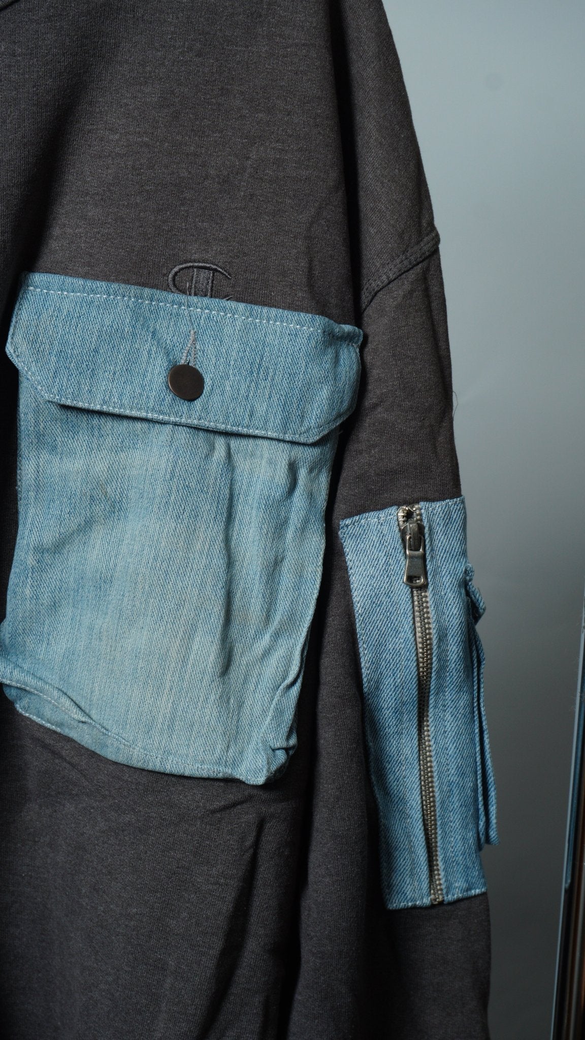 Upcycled Reworked Champion Gray Blue Cargo Pocket Vest Sweatshirt Size 2XL - The Hellebore Shop