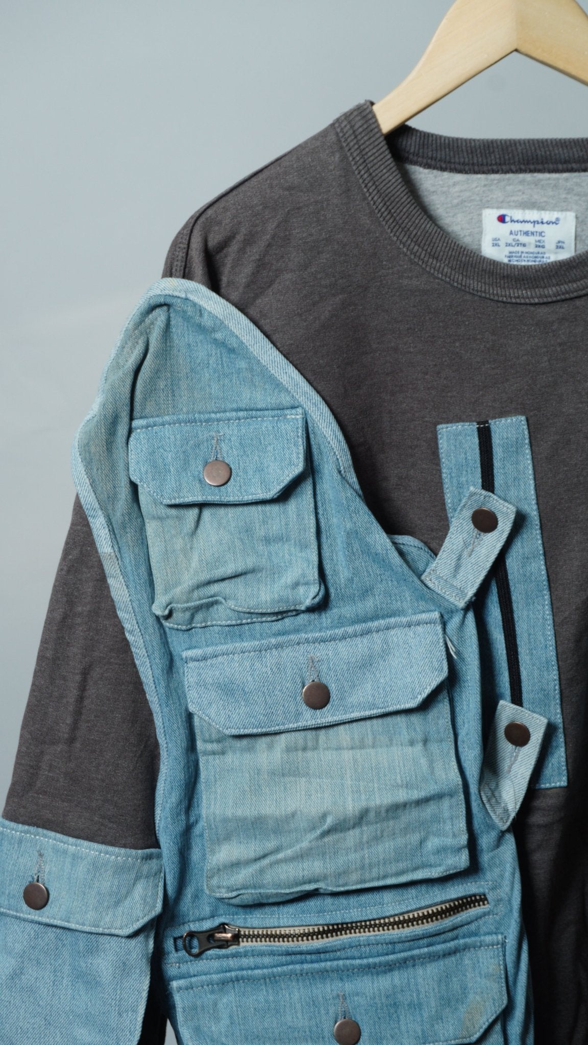Upcycled Reworked Champion Gray Blue Cargo Pocket Vest Sweatshirt Size 2XL - The Hellebore Shop