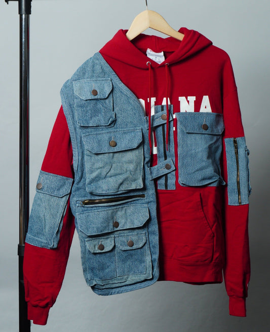 Upcycled Reworked Champion Red Blue Cargo Pocket Vest Hoodie Size M - The Hellebore Shop