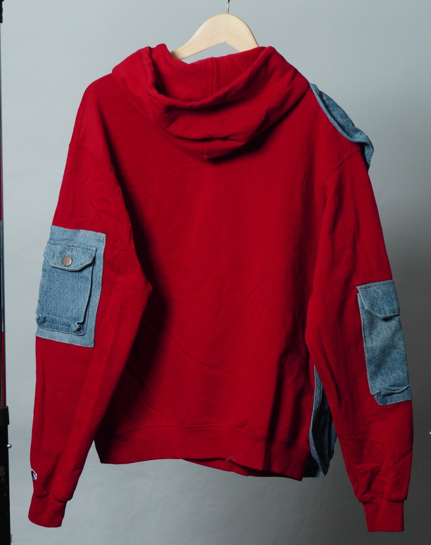Upcycled Reworked Champion Red Blue Cargo Pocket Vest Hoodie Size M - The Hellebore Shop