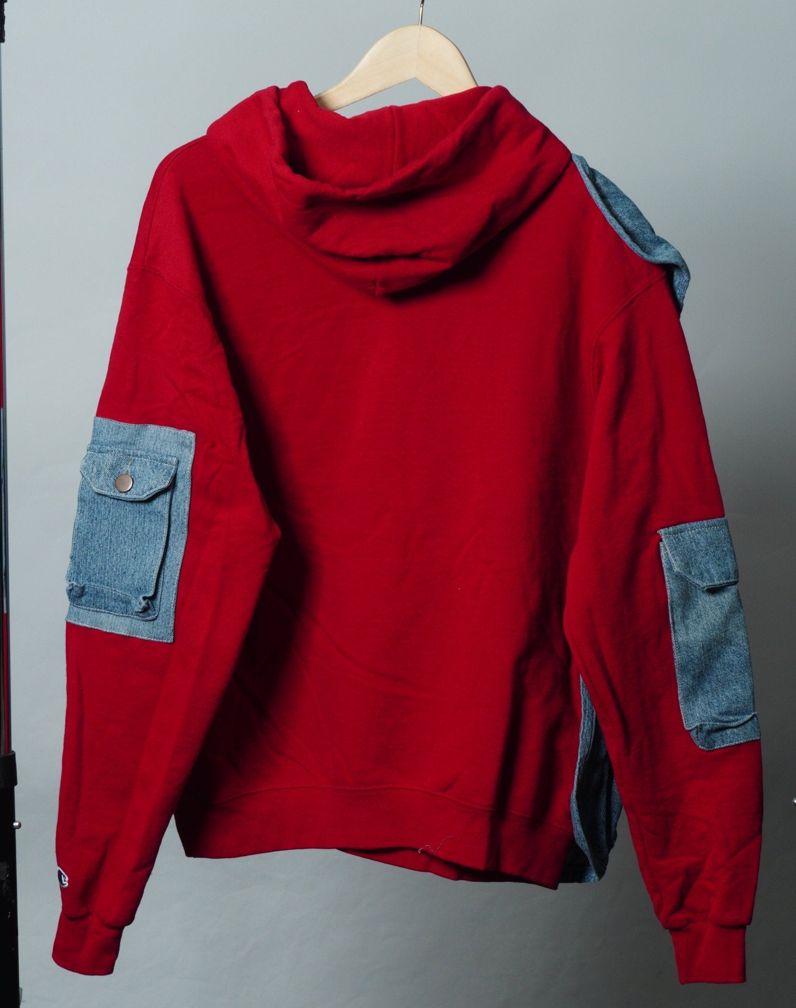 Upcycled Reworked Champion Red Blue Cargo Pocket Vest Hoodie Size M - The Hellebore Shop