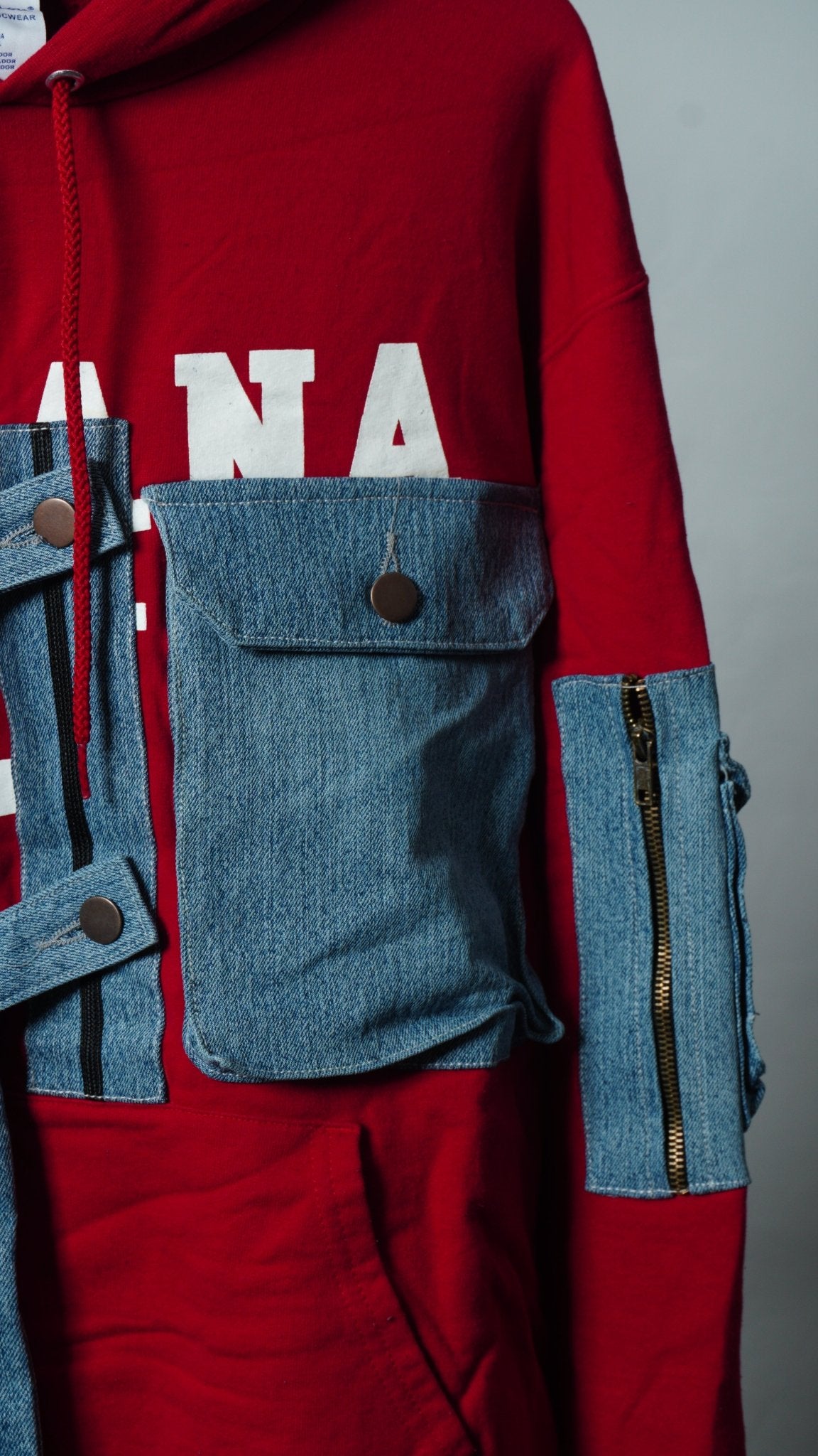 Upcycled Reworked Champion Red Blue Cargo Pocket Vest Hoodie Size M - The Hellebore Shop