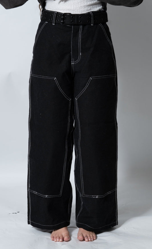 Wide Leg Reinforced Black High Rise Denim Jeans - The Hellebore Shop